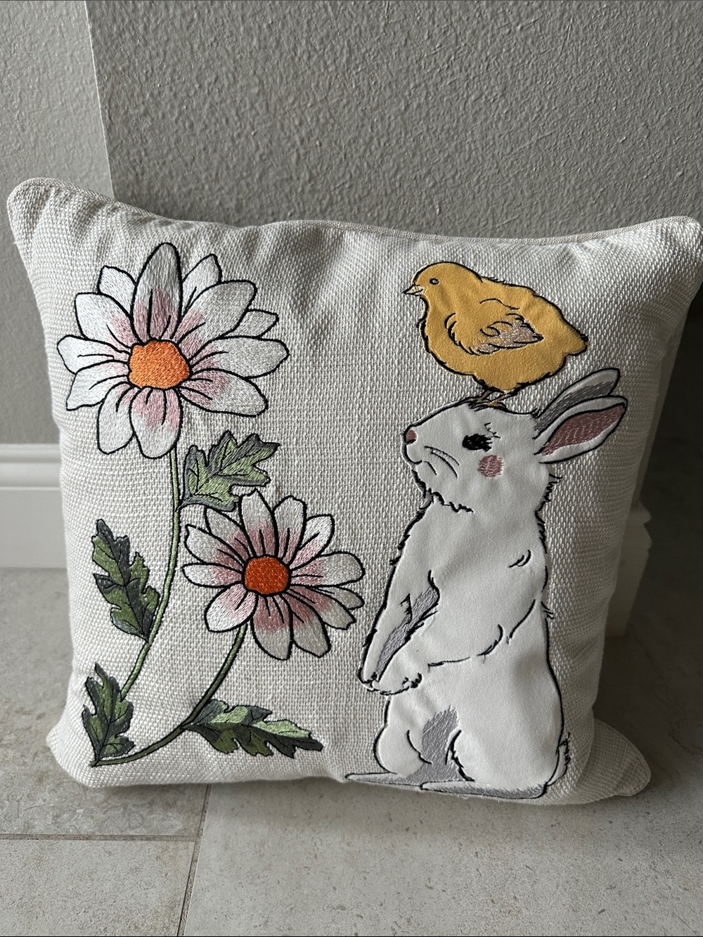 White Bunny & Yellow Chick Decorative Throw Pillow with Pink Flowers